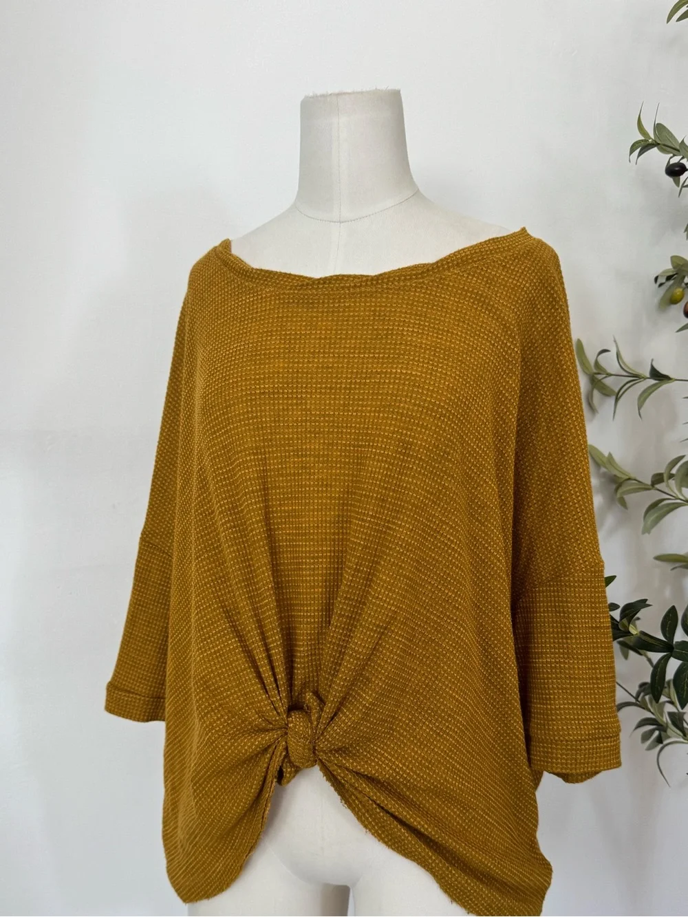 Free People Mustard Waffle Knit Twist Back Oversized Top XS Boho